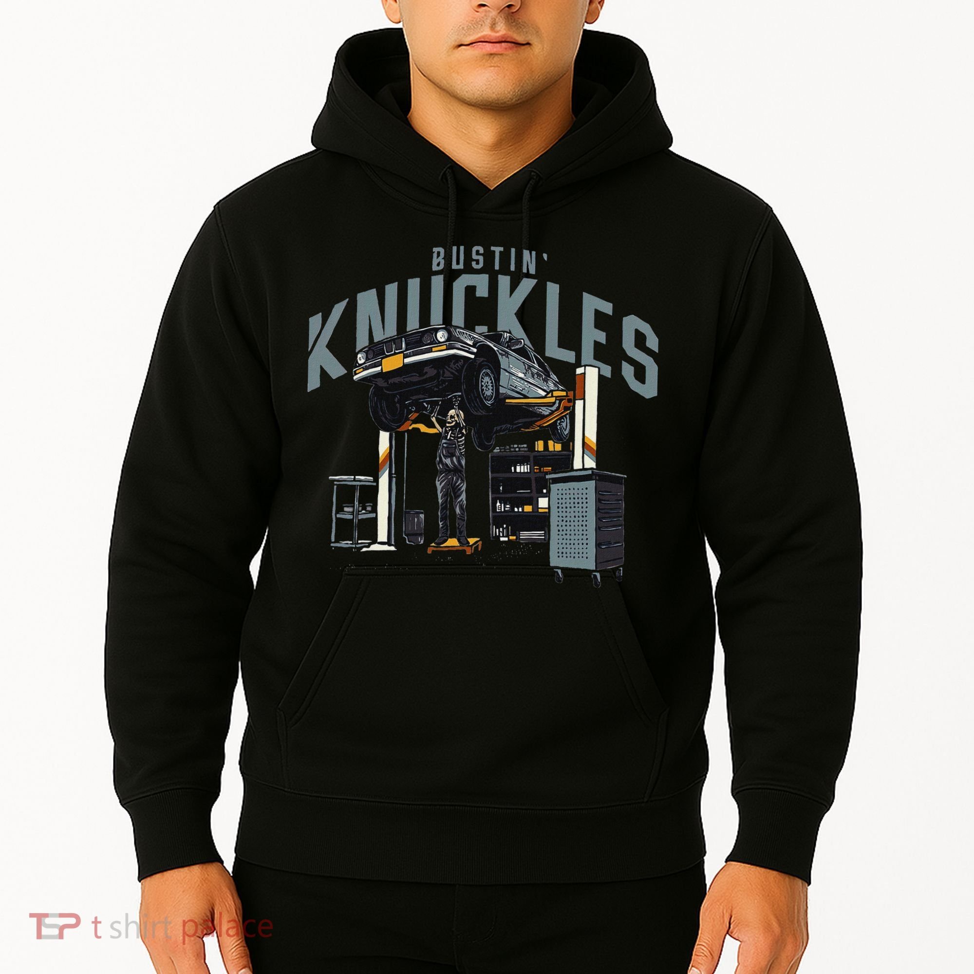 Bustin Knuckles Skeleton Auto Mechanic Humor Hoodie