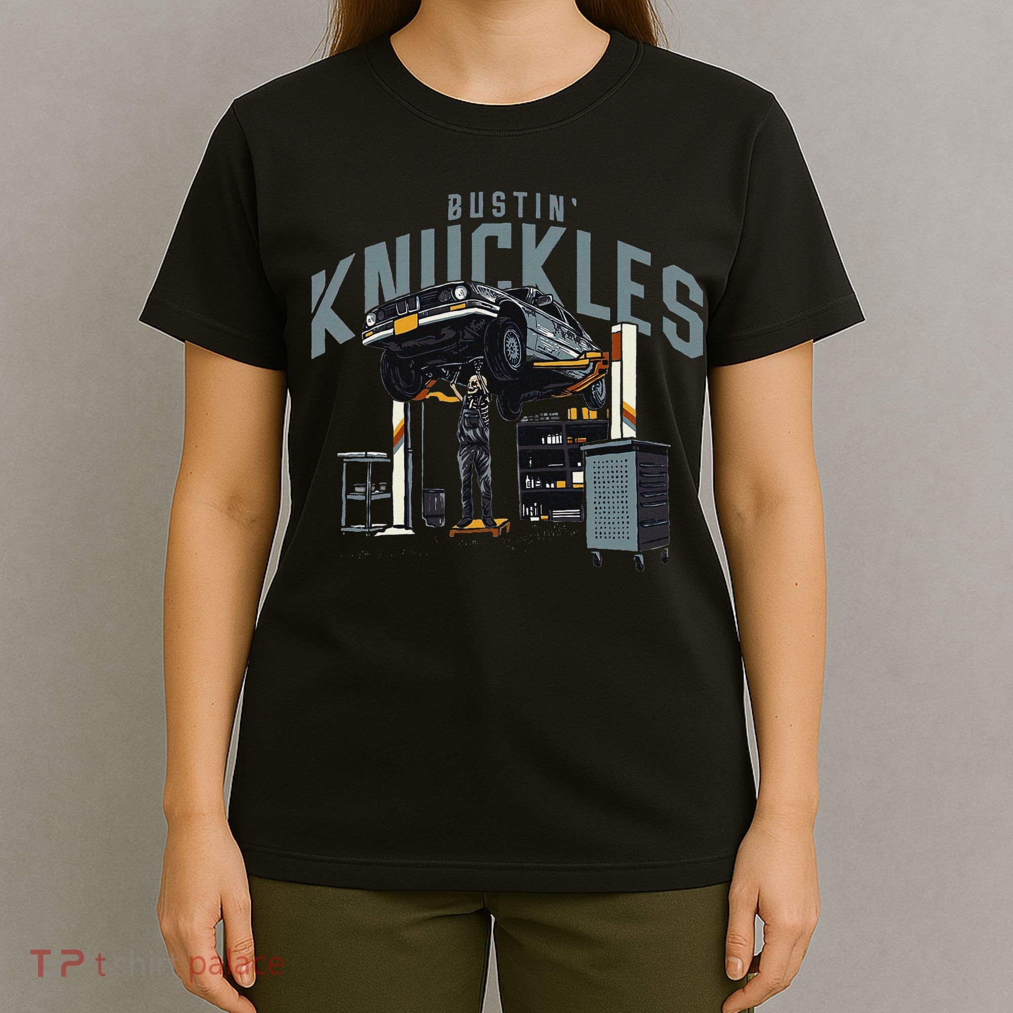 Bustin Knuckles Skeleton Auto Mechanic Humor T-Shirt