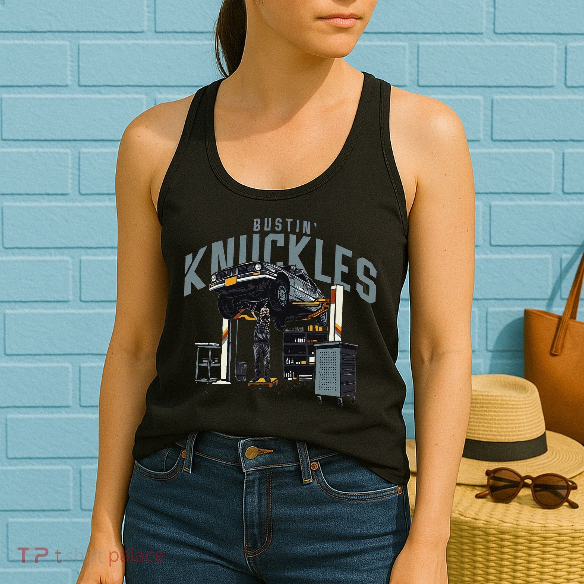 Bustin Knuckles Skeleton Auto Mechanic Humor Women's Tank Top