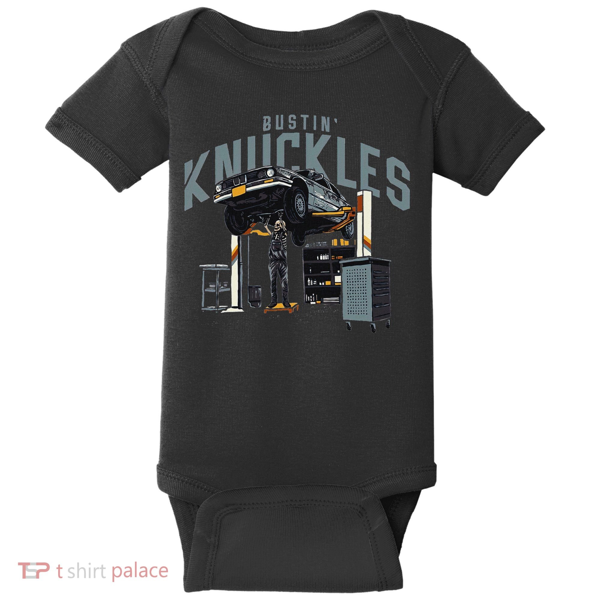 Bustin Knuckles Skeleton Auto Mechanic Humor Baby Bodysuit