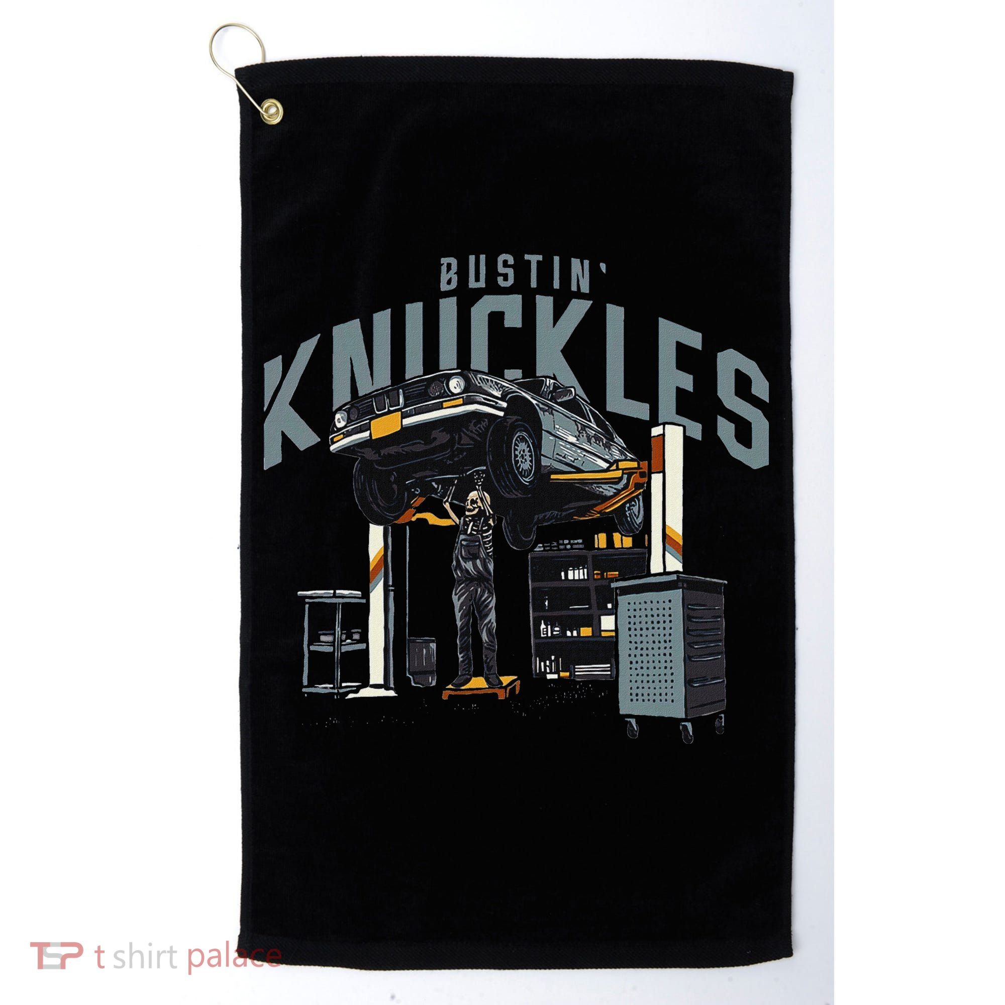 Bustin Knuckles Skeleton Auto Mechanic Humor Golf Towel