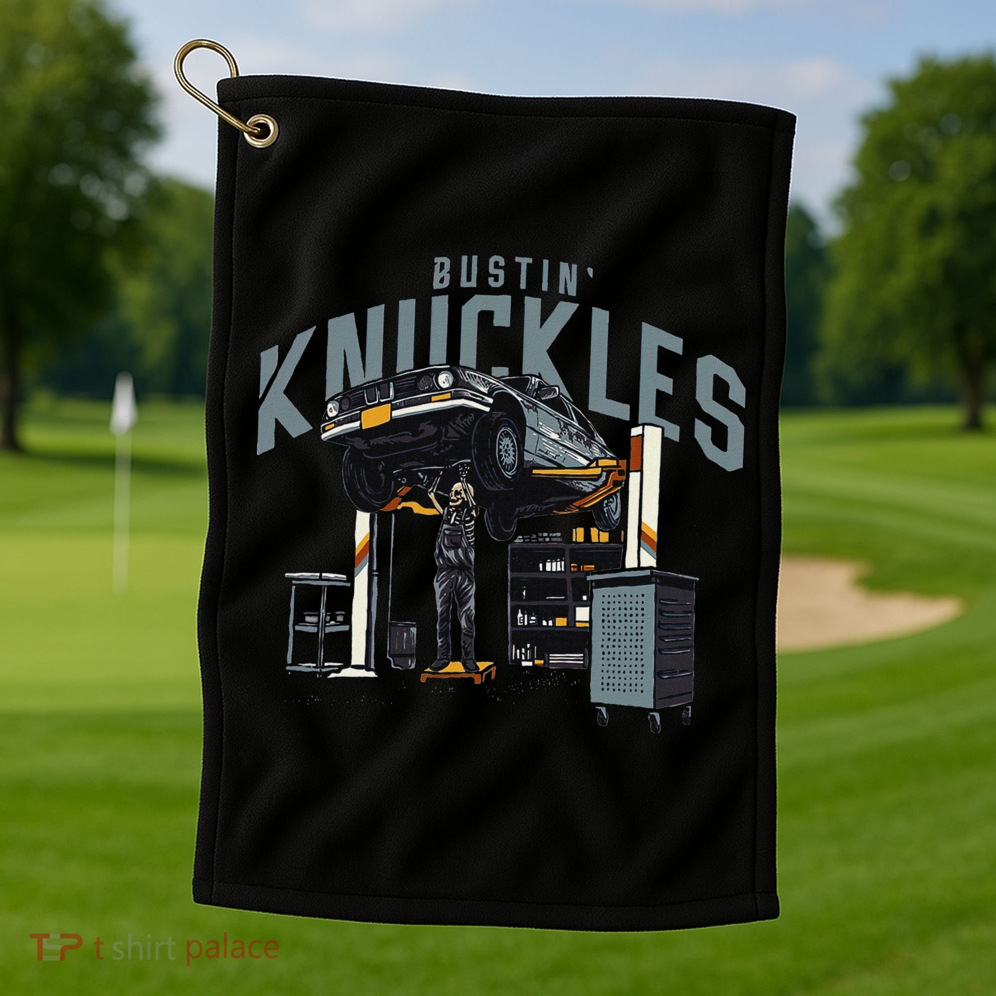 Bustin Knuckles Skeleton Auto Mechanic Humor Golf Towel