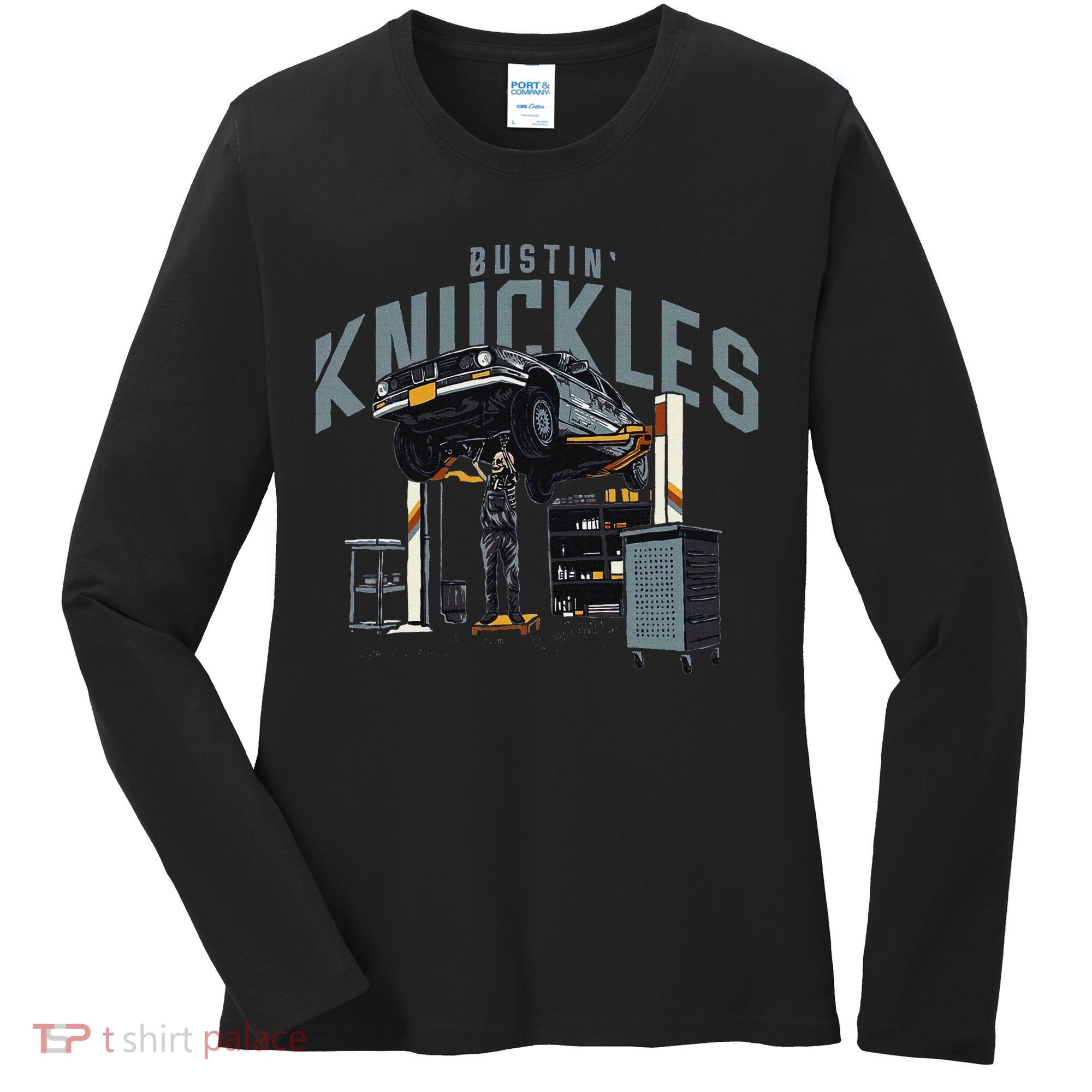 Bustin Knuckles Skeleton Auto Mechanic Humor Women's Long Sleeve Shirt