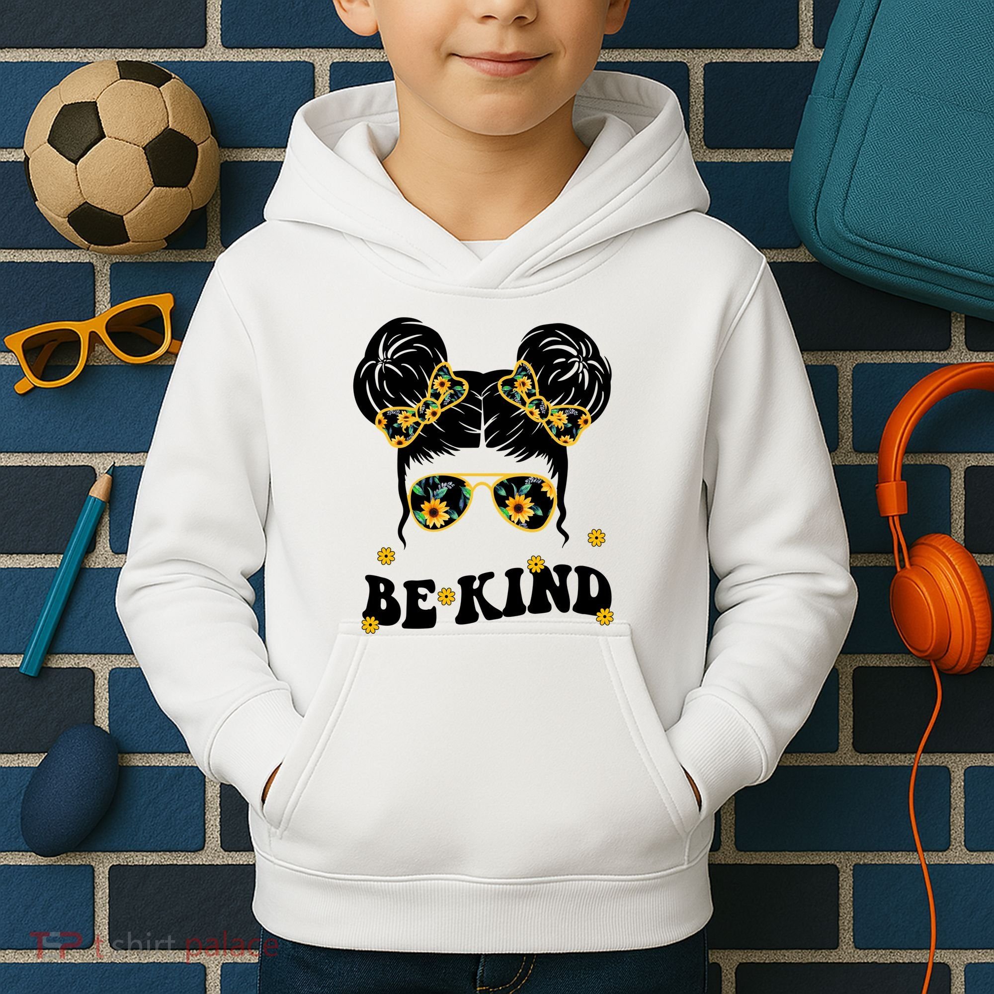 Be Kind Sunflower Hair Bun Spring Kids Hoodie