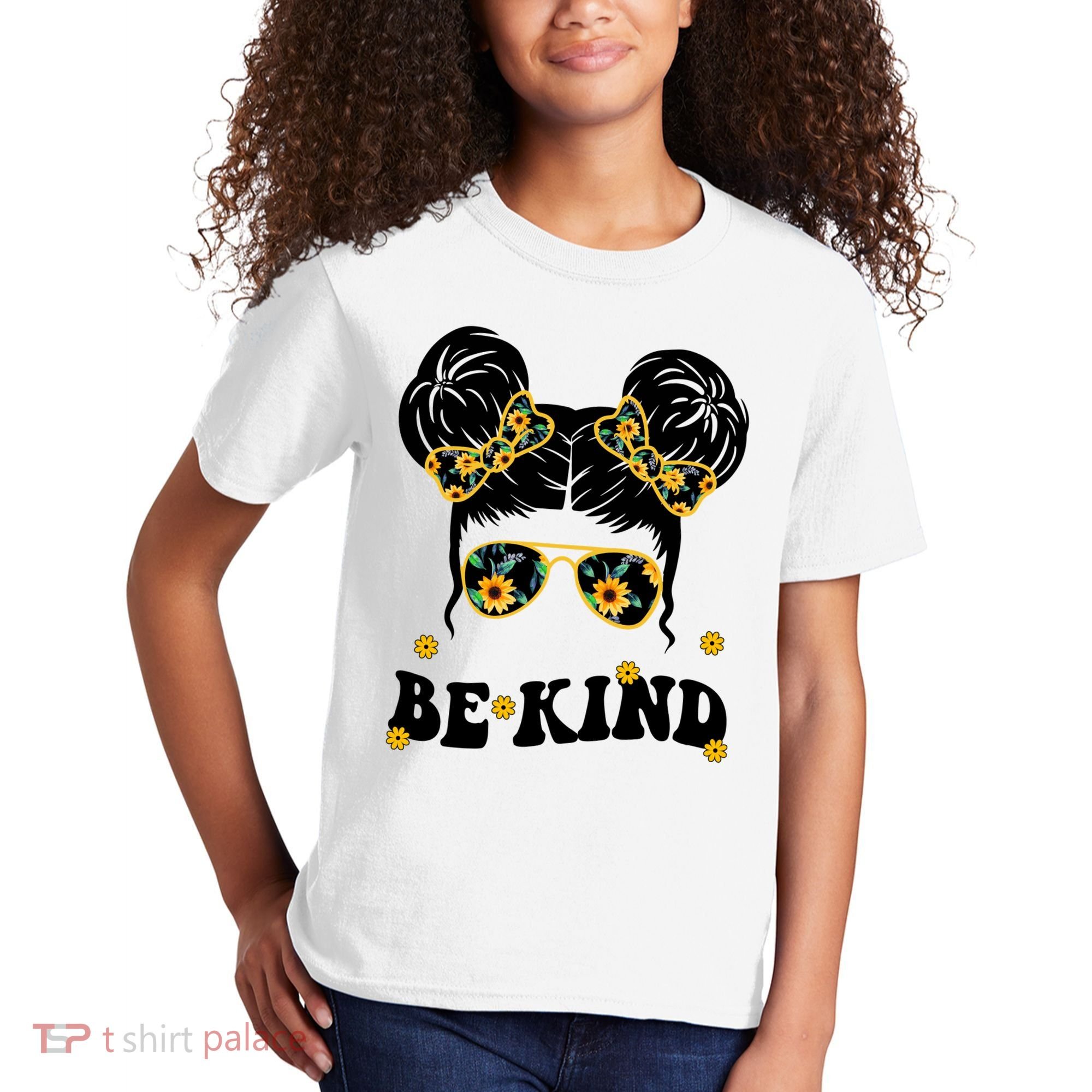 Be Kind Sunflower Hair Bun Spring Kids T-Shirt