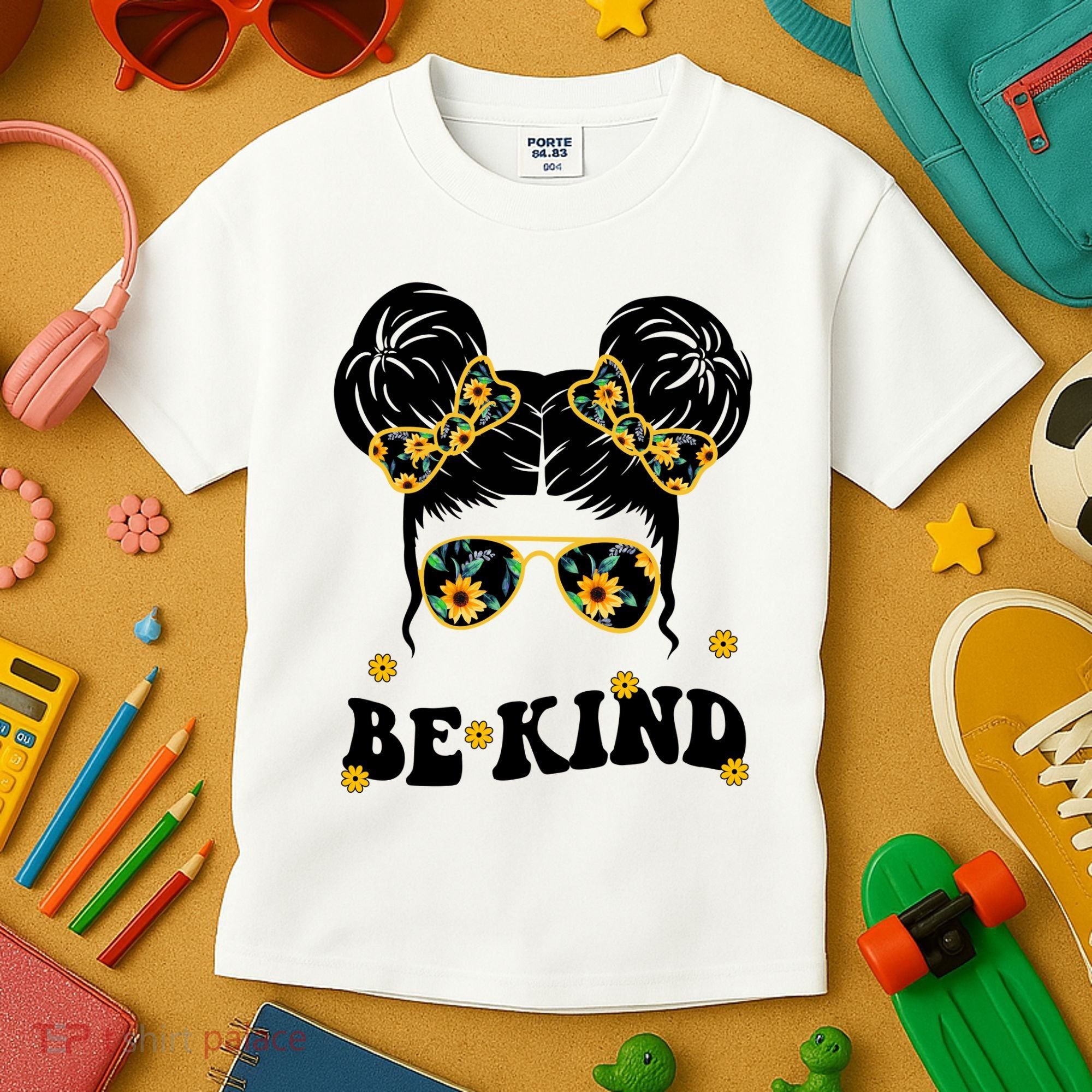 Be Kind Sunflower Hair Bun Spring Kids T-Shirt