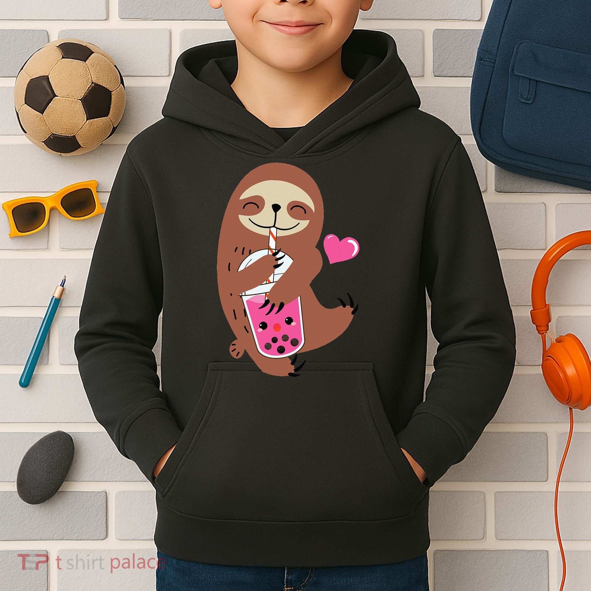 Bubble Kawaii Sloth Drinking Boba Tea Kids Hoodie