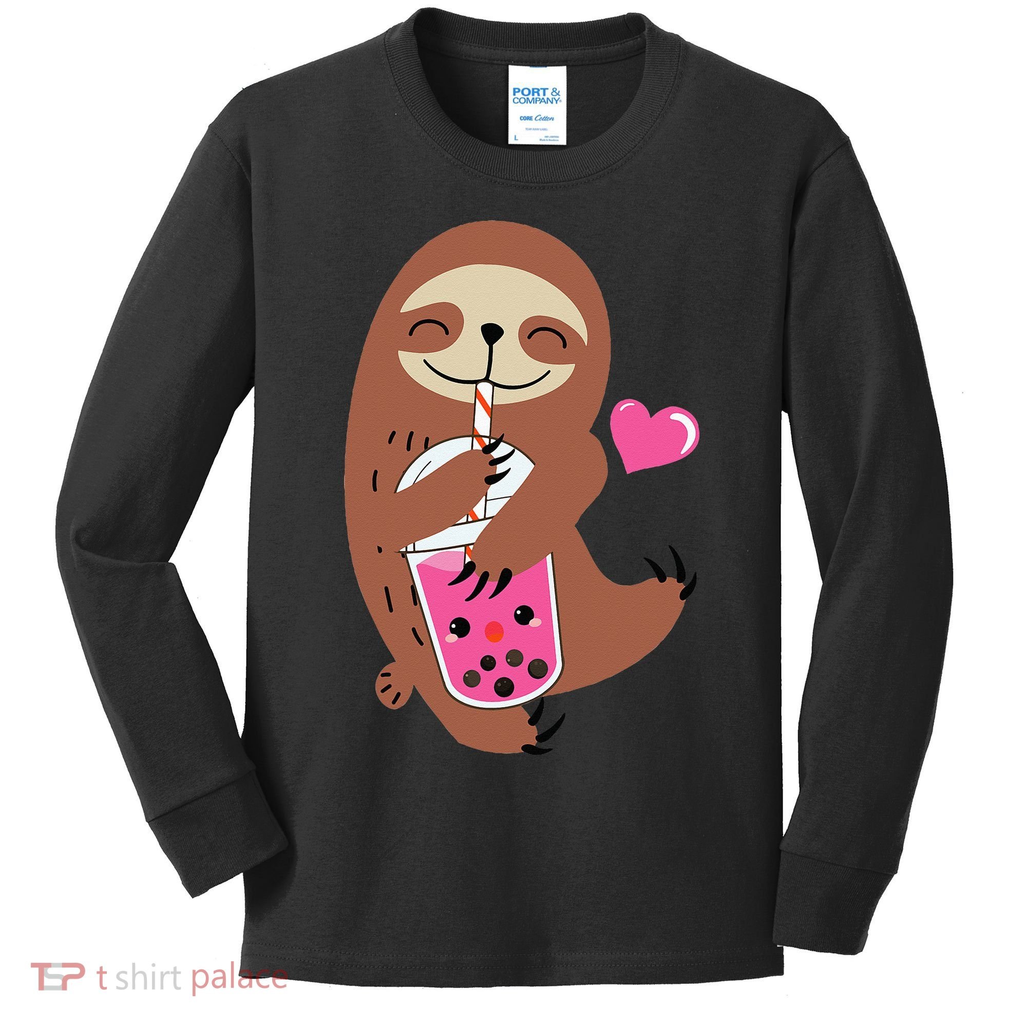 Bubble Kawaii Sloth Drinking Boba Tea Kids Long Sleeve Shirt