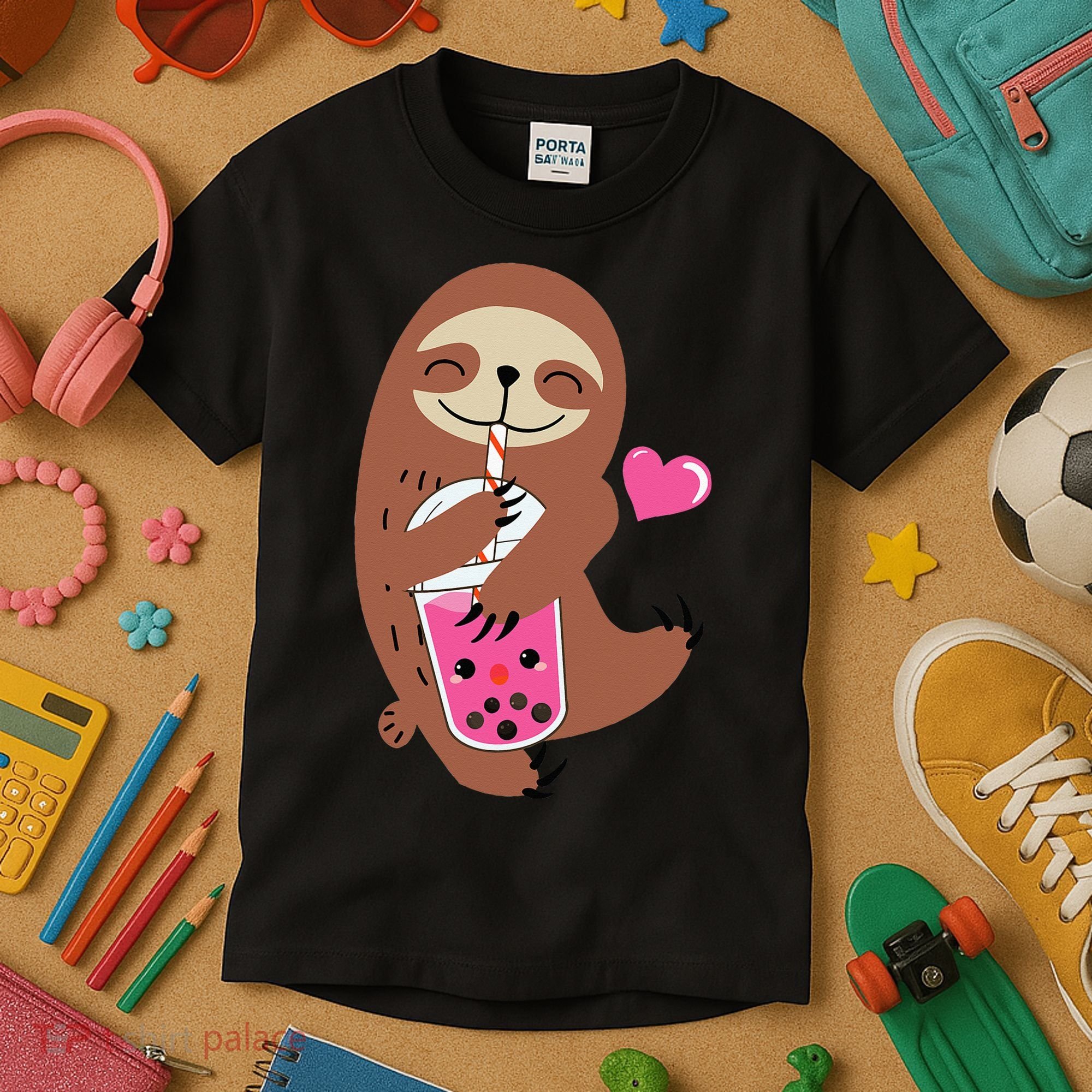 Bubble Kawaii Sloth Drinking Boba Tea Kids T-Shirt