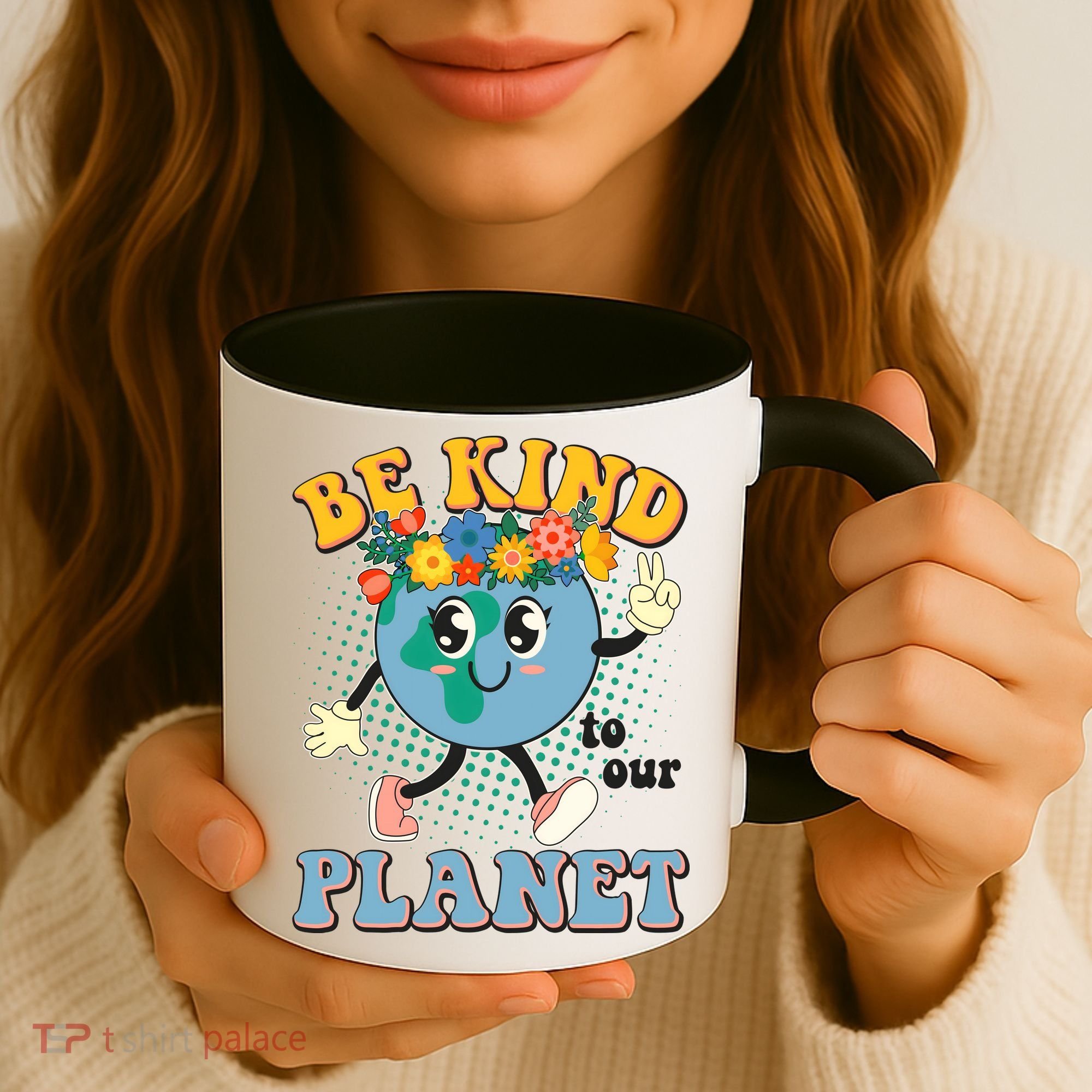 Be Kind To Our Planet Cute Retro Hippie Earth Coffee Mug