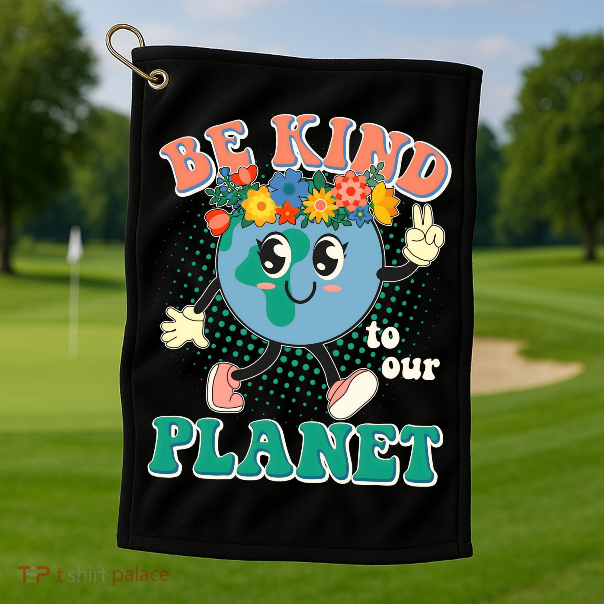 Be Kind To Our Planet Cute Retro Hippie Earth Golf Towel