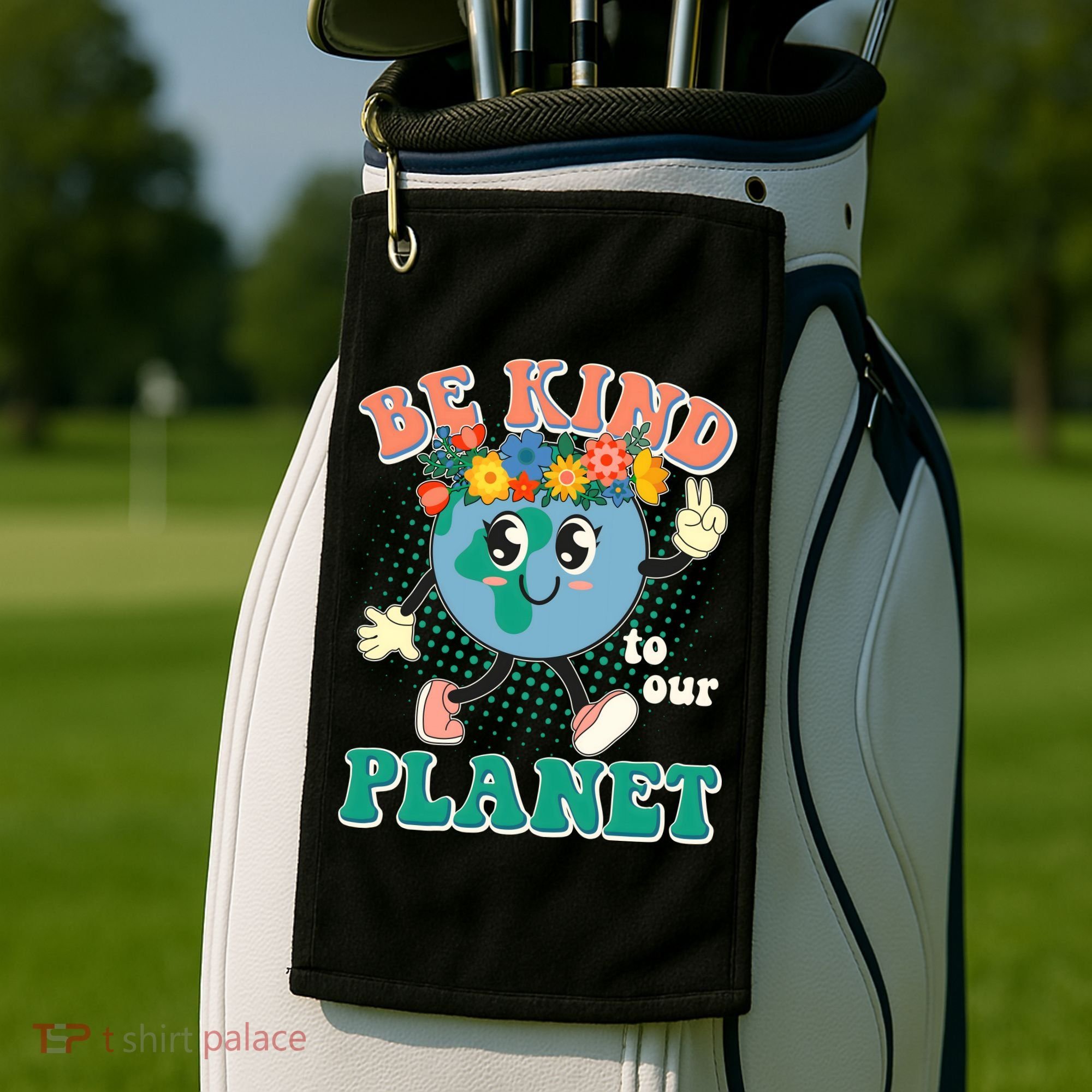 Be Kind To Our Planet Cute Retro Hippie Earth Golf Towel
