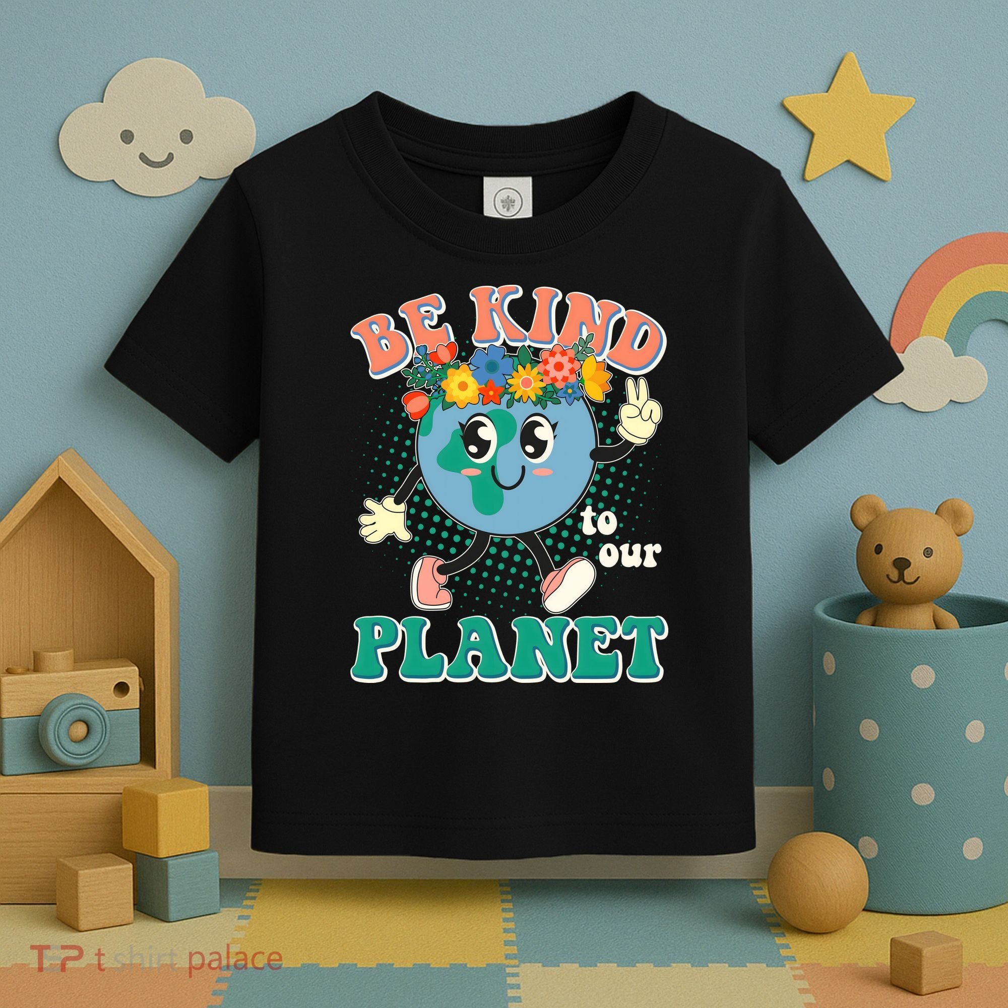 Be Kind To Our Planet Cute Retro Hippie Earth Toddler T-Shirt
