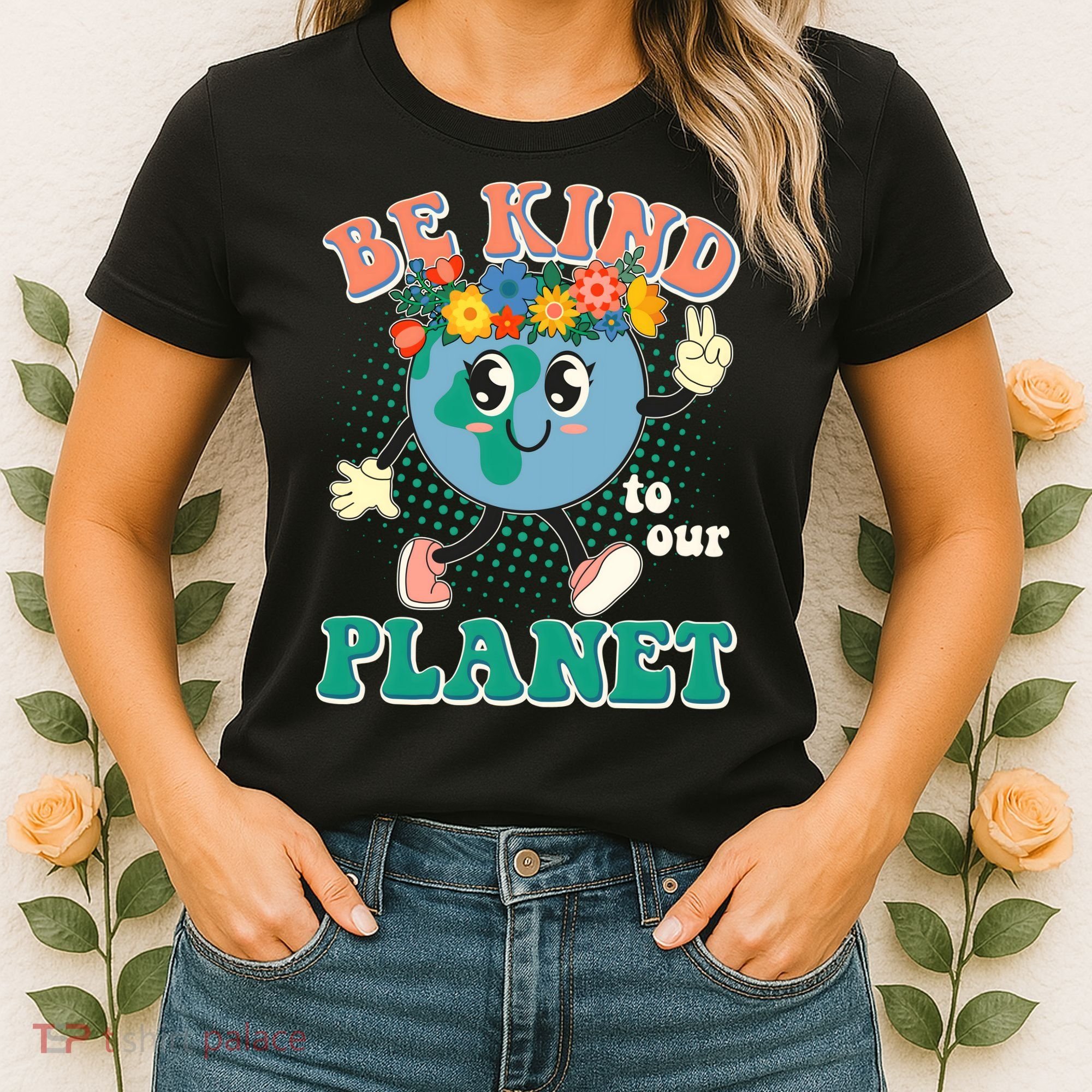 Be Kind To Our Planet Cute Retro Hippie Earth Women's T-Shirt