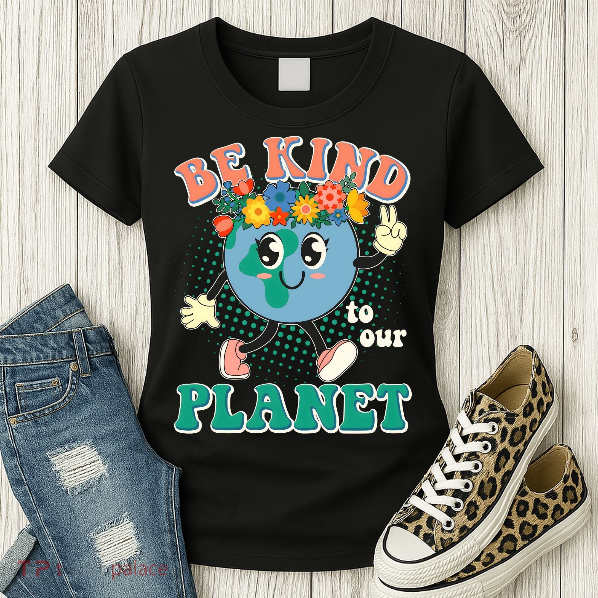Be Kind To Our Planet Cute Retro Hippie Earth Women's T-Shirt