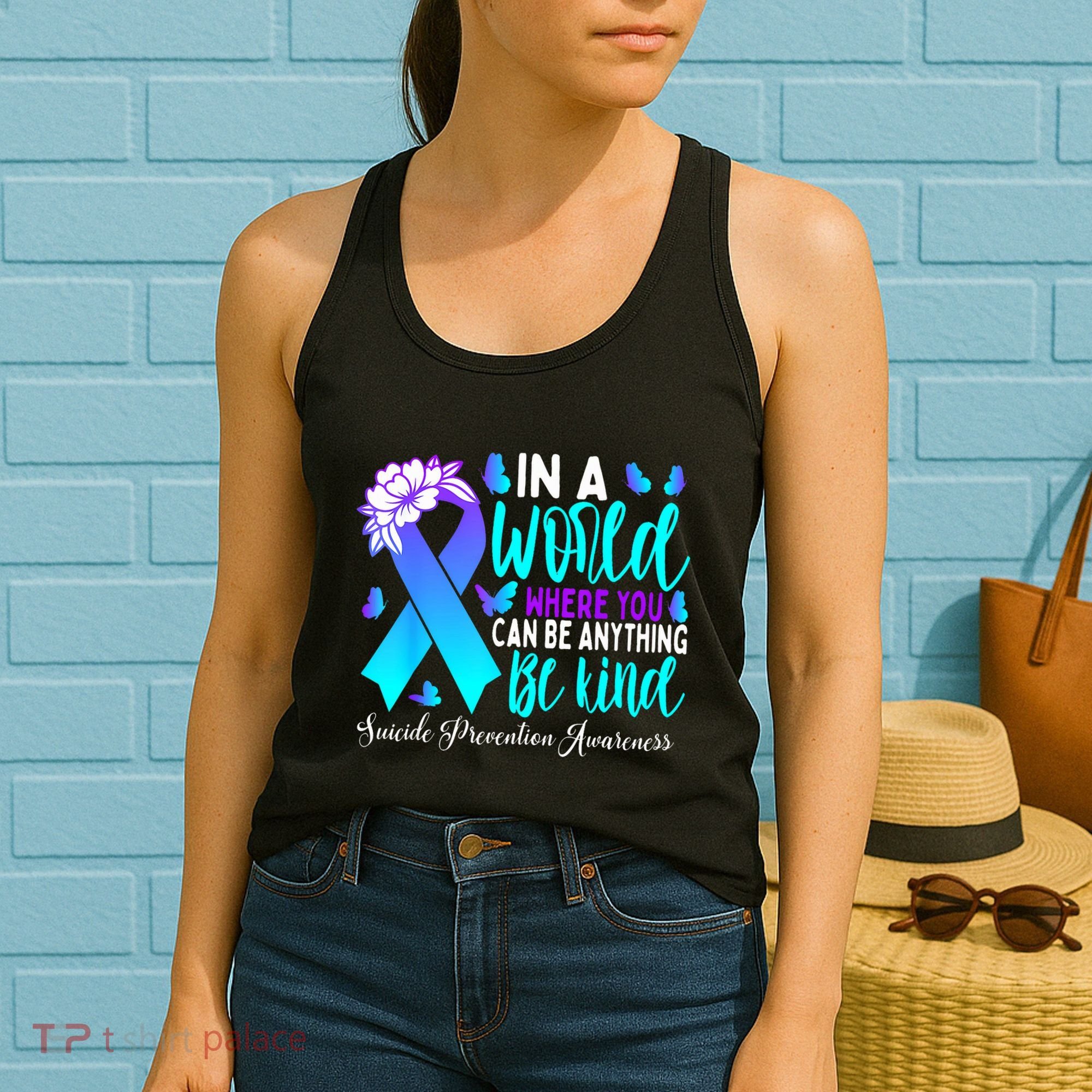 Be Kind Teal Purple Ribbon Suicide Prevention Awareness Women's Tank Top