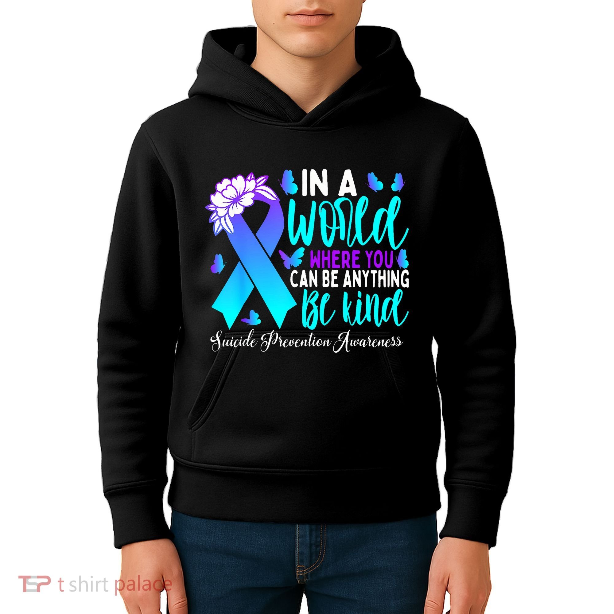 Be Kind Teal Purple Ribbon Suicide Prevention Awareness Kids Hoodie