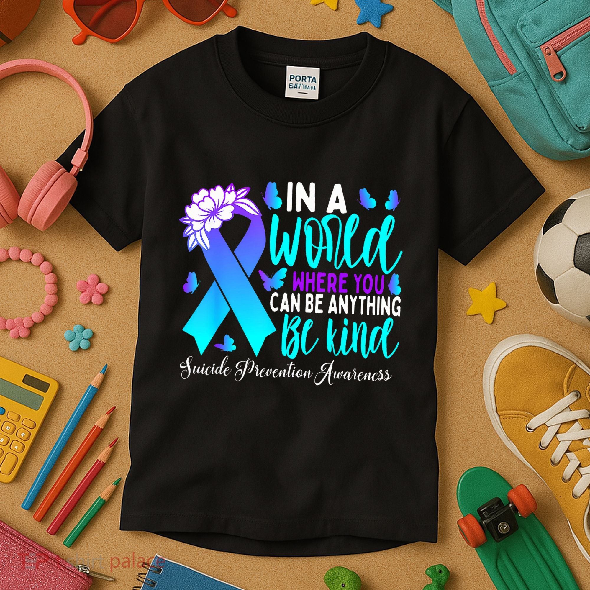 Be Kind Teal Purple Ribbon Suicide Prevention Awareness Kids T-Shirt