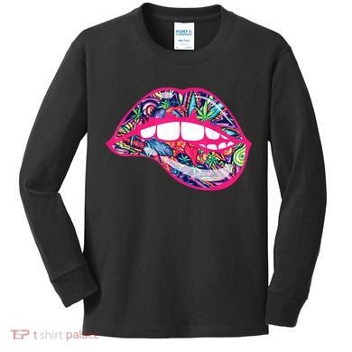 Biting Lips 420 Weed Cannabis Marijuana Stoner Gift Kids Long Sleeve Shirt
