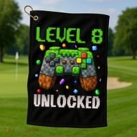 Birthday Level 8 Unlocked 8th Birthday Game Pixel Gift Golf Towel thumb 1