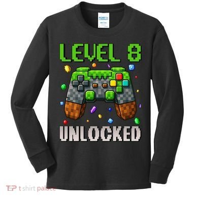 Birthday Level 8 Unlocked 8th Birthday Game Pixel Gift Kids Long Sleeve Shirt