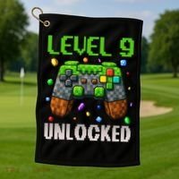 Birthday Level 9 Unlocked 9th Birthday Game Pixel Gift Golf Towel thumb 1