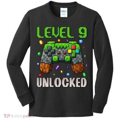 Birthday Level 9 Unlocked 9th Birthday Game Pixel Gift Kids Long Sleeve Shirt