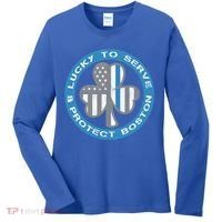 Blue Line American Flag Gift Boston Police St Patricks Day Cute Gift Women's Long Sleeve Shirt thumb 0