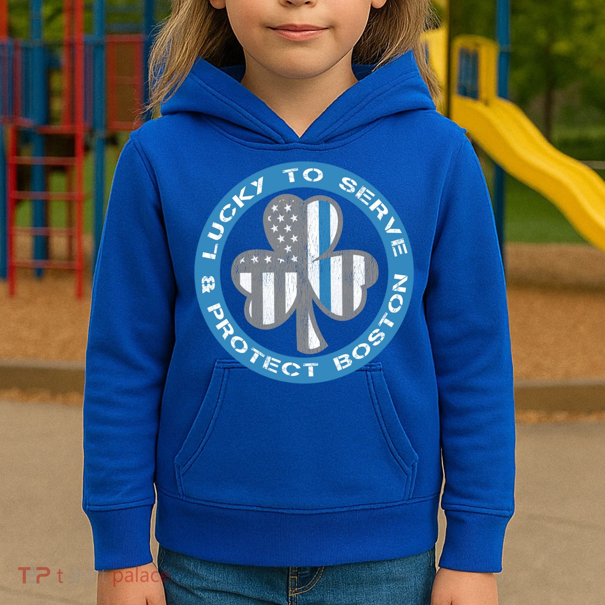 Blue Line American Flag Gift Boston Police St Patricks Day Cute Gift Kids Hoodie