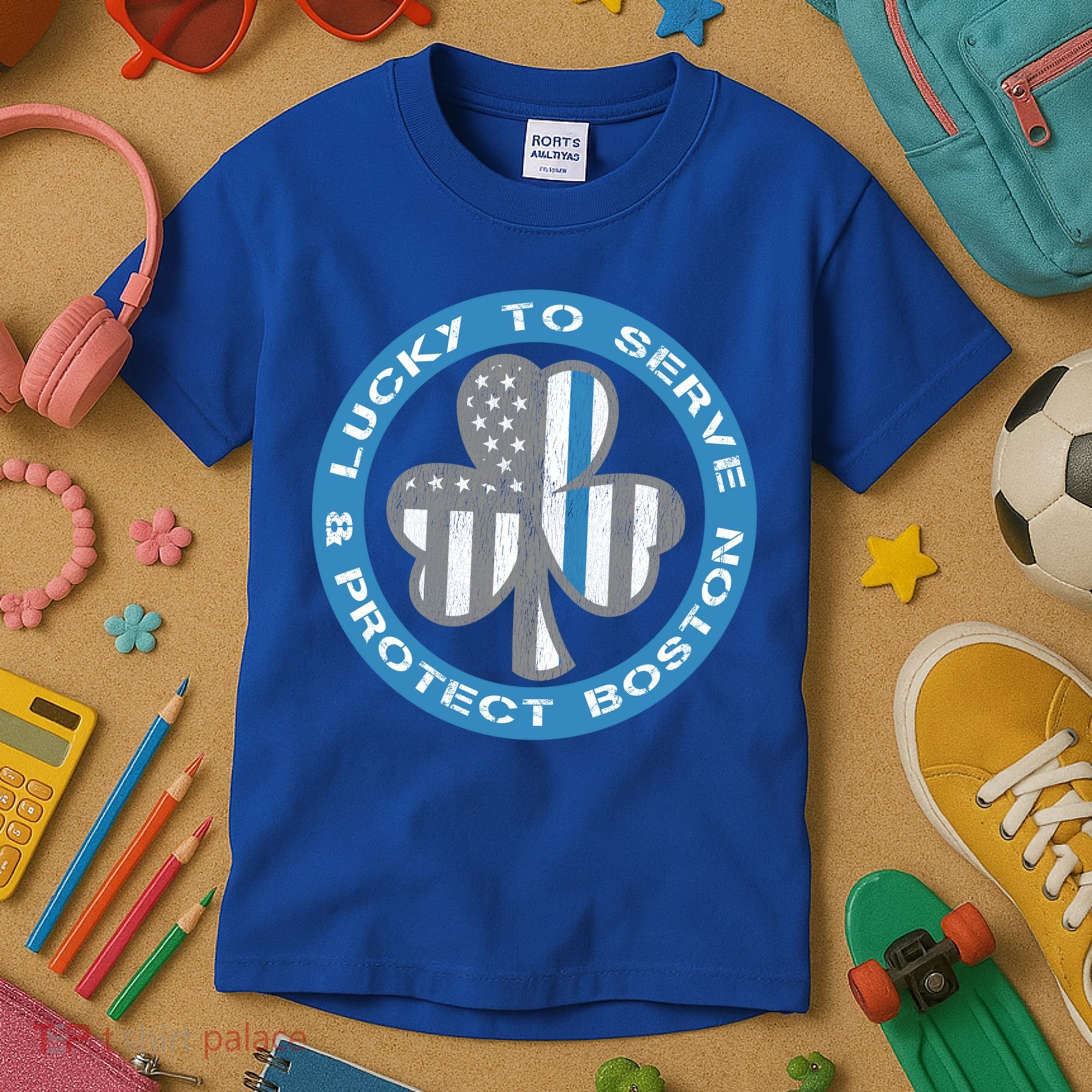 Blue Line American Flag Gift Boston Police St Patricks Day Cute Gift Kids T-Shirt