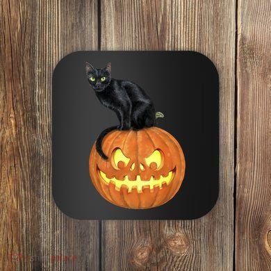 Black Cat Jack O' Lantern Pumpkin Coaster