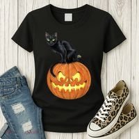Black Cat Jack O' Lantern Pumpkin Women's T-Shirt thumb 3