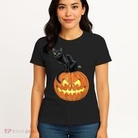 Black Cat Jack O' Lantern Pumpkin Women's T-Shirt thumb 4