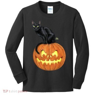 Black Cat Jack O' Lantern Pumpkin Kids Long Sleeve Shirt