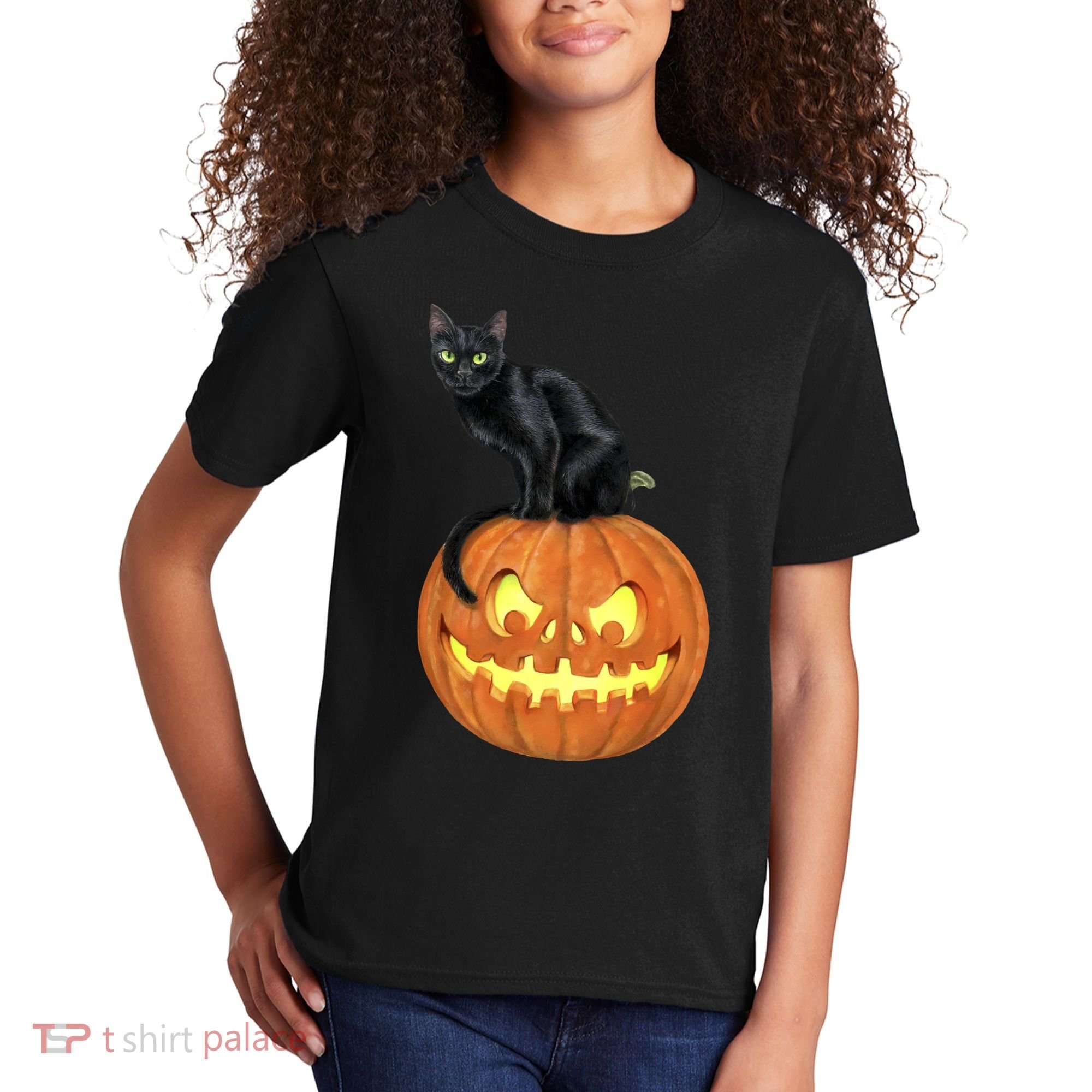 Black Cat Jack O' Lantern Pumpkin Kids T-Shirt
