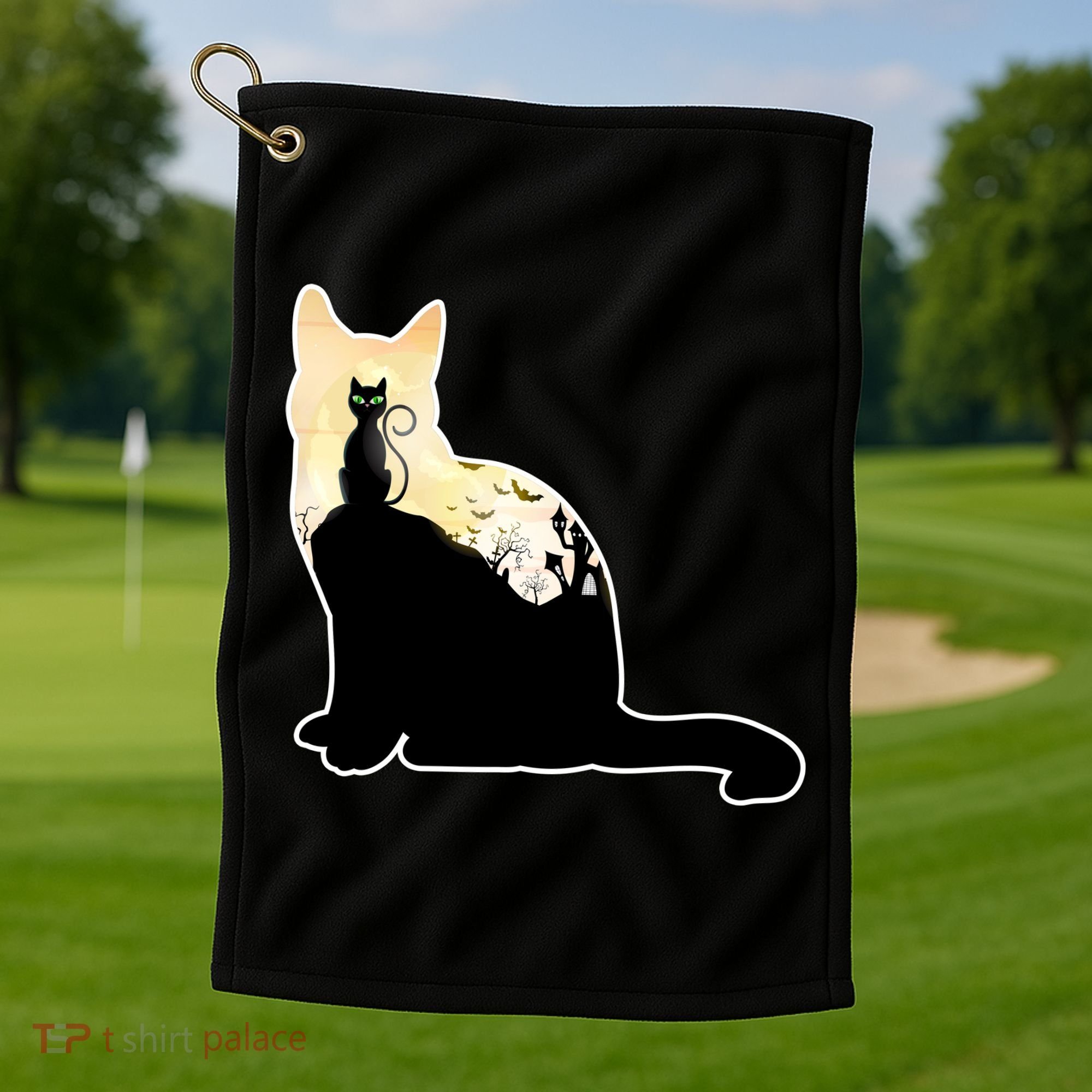 Black Cat Spooky Town Golf Towel