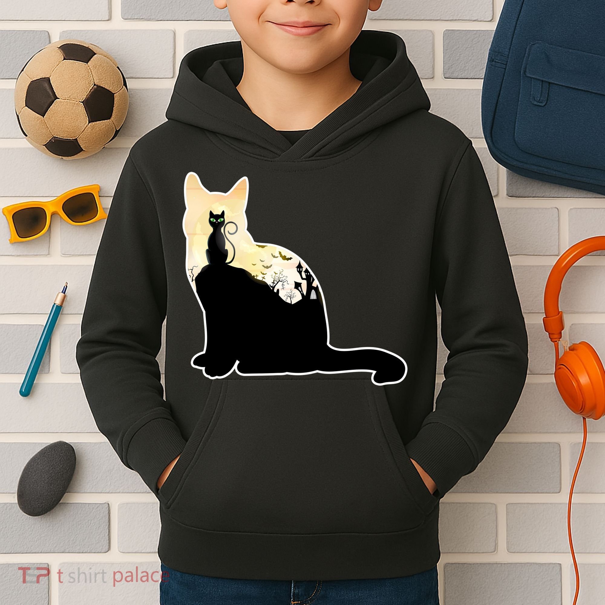 Black Cat Spooky Town Kids Hoodie