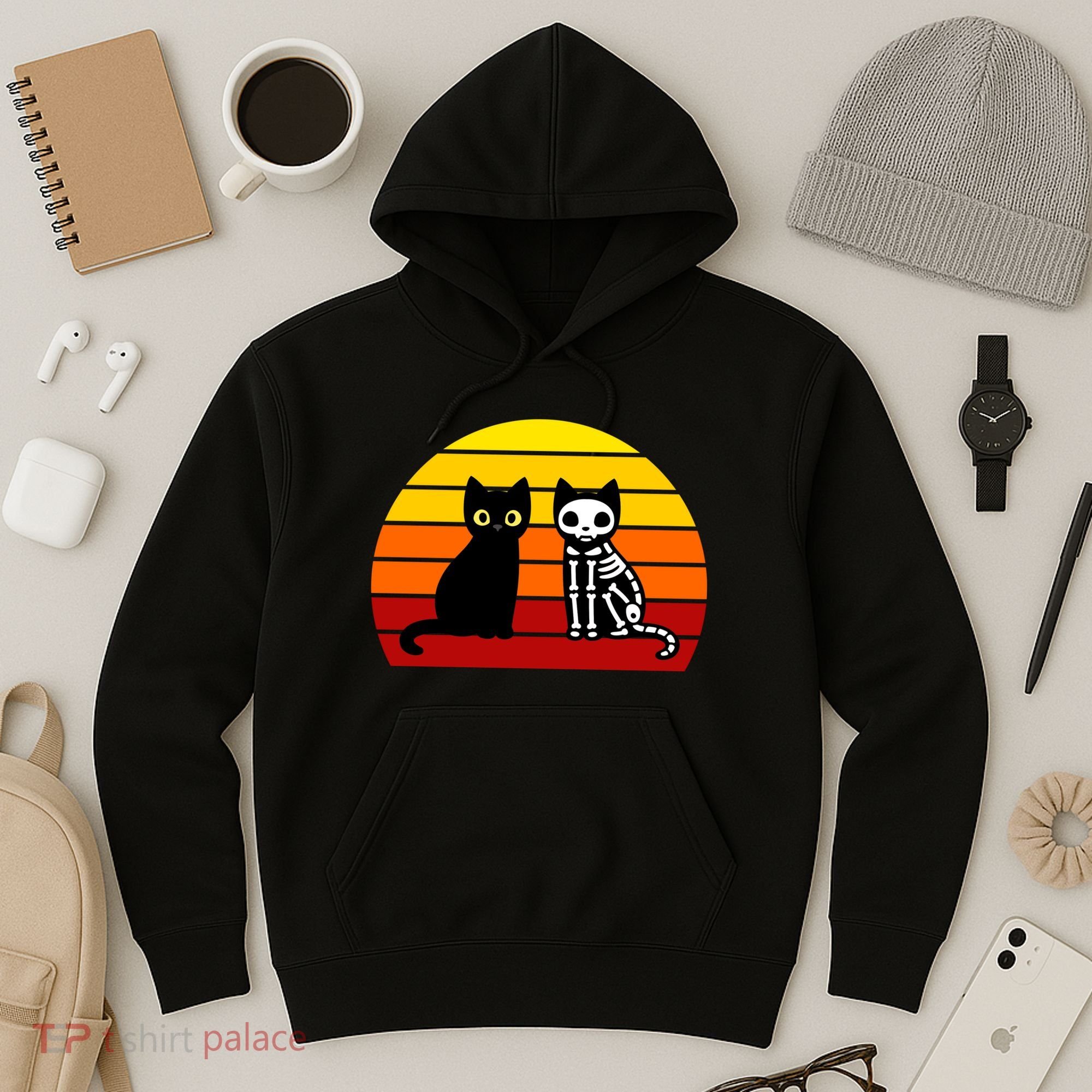 Black Cat Sunset Skeleton Hoodie