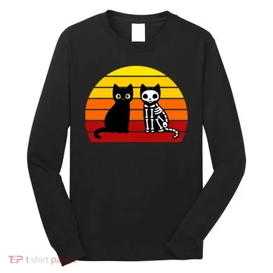 Black Cat Sunset Skeleton Long Sleeve Shirt