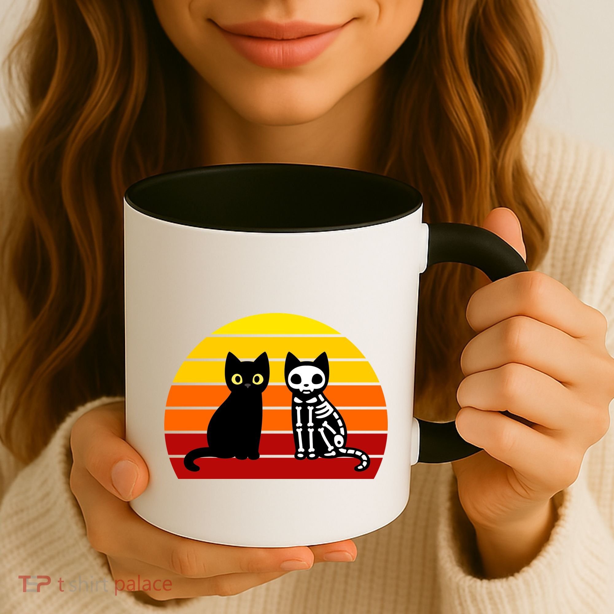 Black Cat Sunset Skeleton Coffee Mug