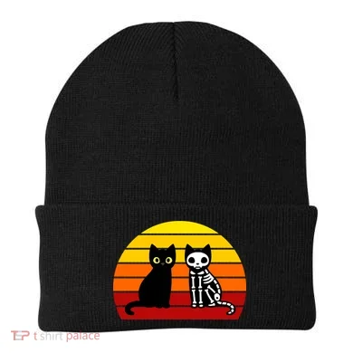 Black Cat Sunset Skeleton Beanie