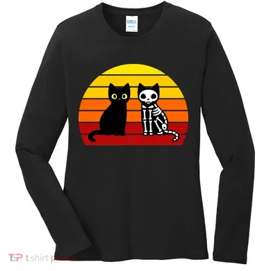 Black Cat Sunset Skeleton Women's Long Sleeve Shirt