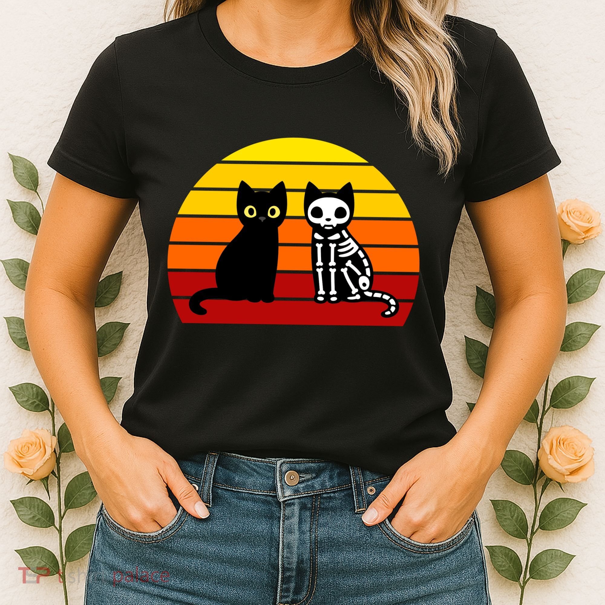 Black Cat Sunset Skeleton Women's T-Shirt