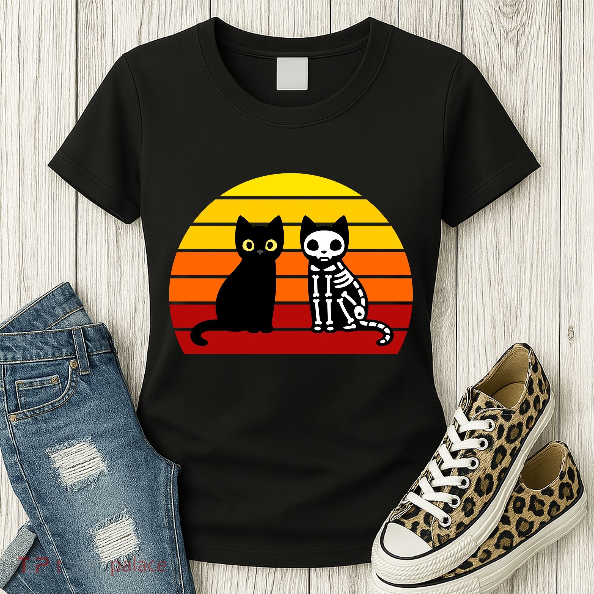 Black Cat Sunset Skeleton Women's T-Shirt
