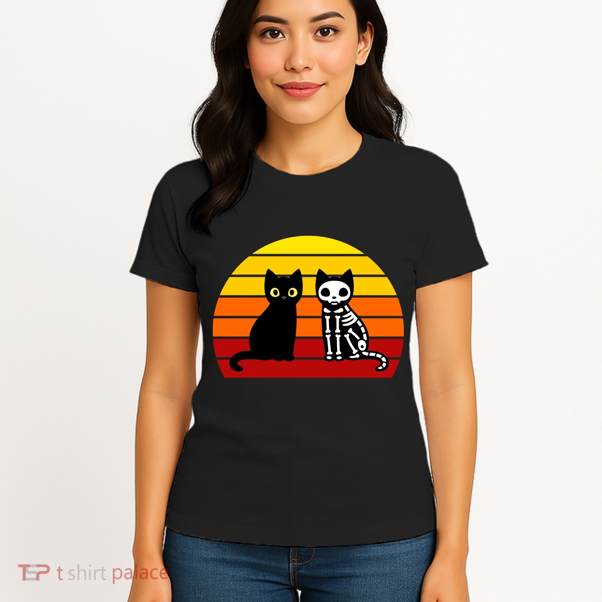 Black Cat Sunset Skeleton Women's T-Shirt