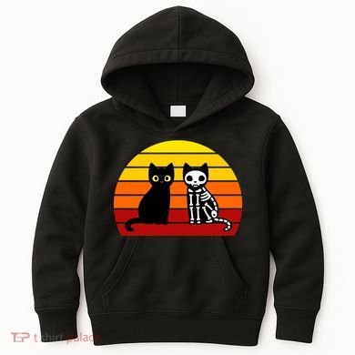Black Cat Sunset Skeleton Kids Hoodie