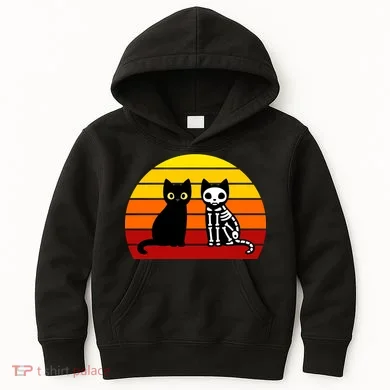 Black Cat Sunset Skeleton Kids Hoodie