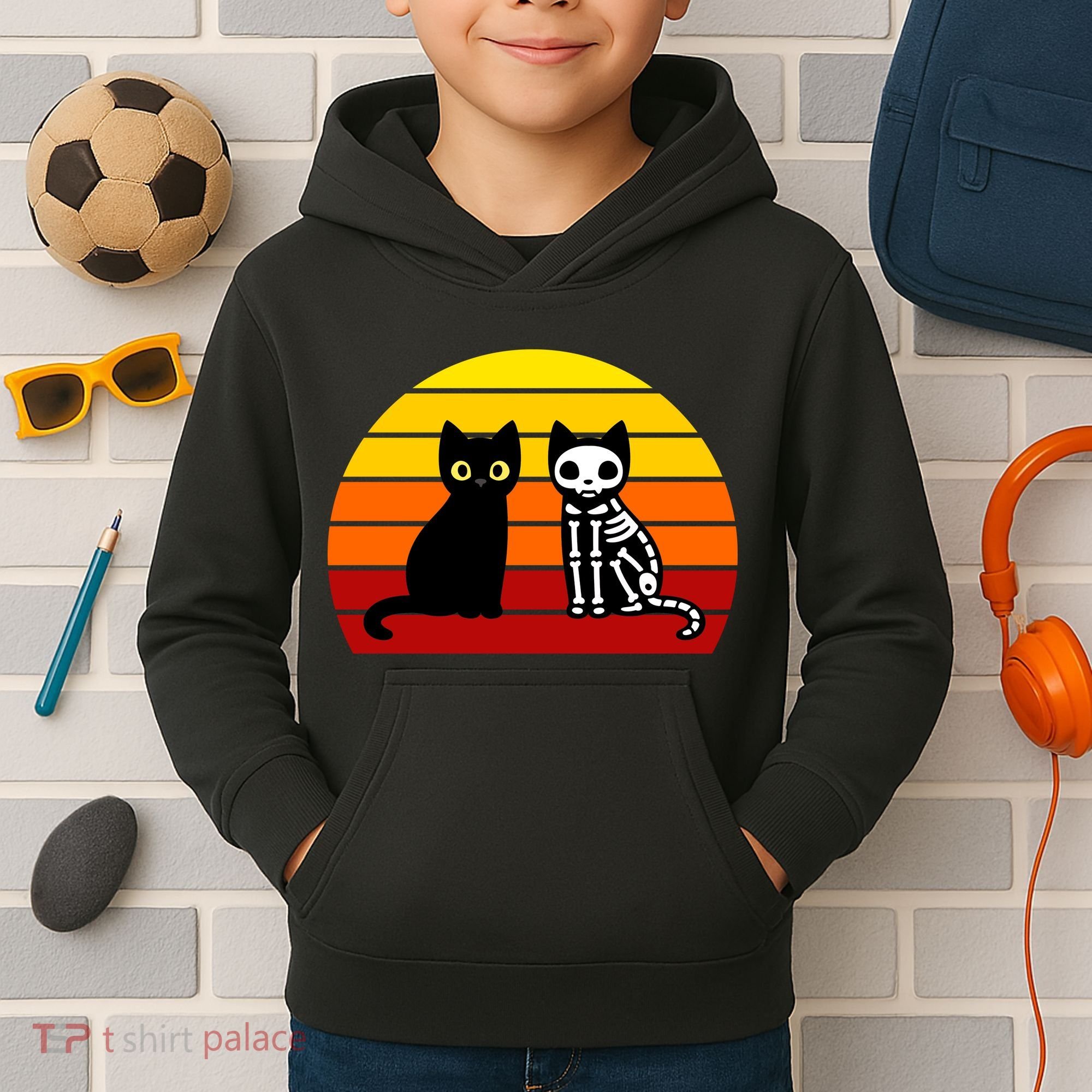 Black Cat Sunset Skeleton Kids Hoodie