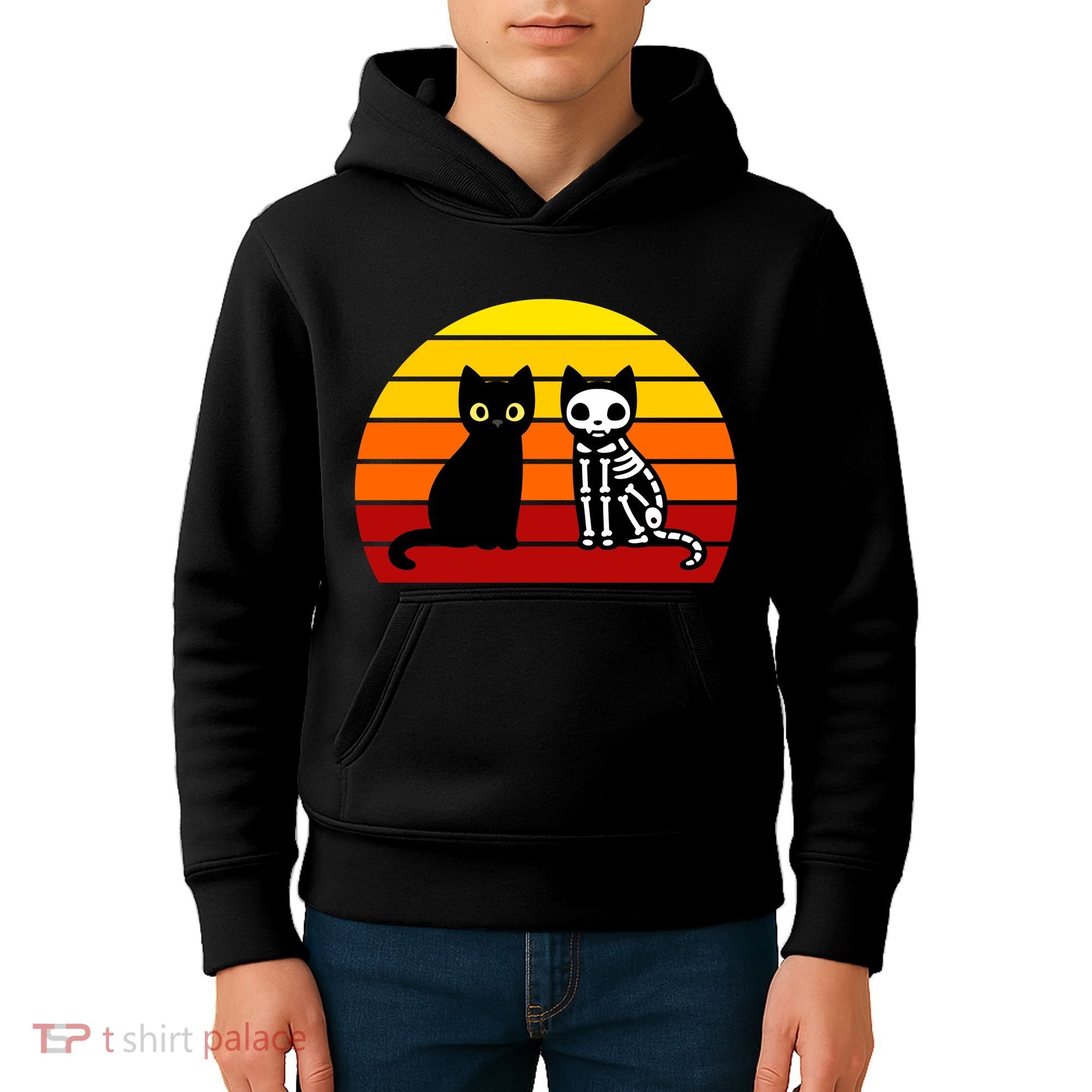 Black Cat Sunset Skeleton Kids Hoodie