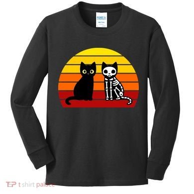 Black Cat Sunset Skeleton Kids Long Sleeve Shirt